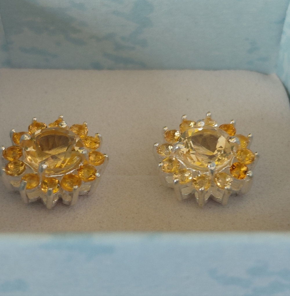 Citrine Flower Silver Stud Earrings - Picture 5 of 10